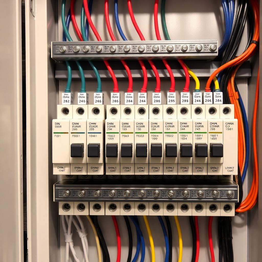 Quadro montado com disjuntores DIN e barramentos